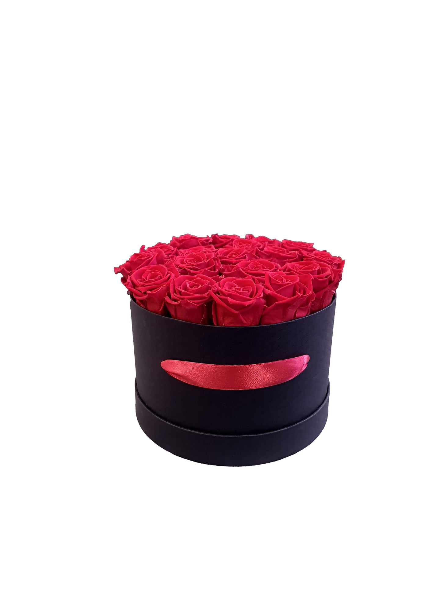 Round Black Box with 18 Natural Stabilized Roses