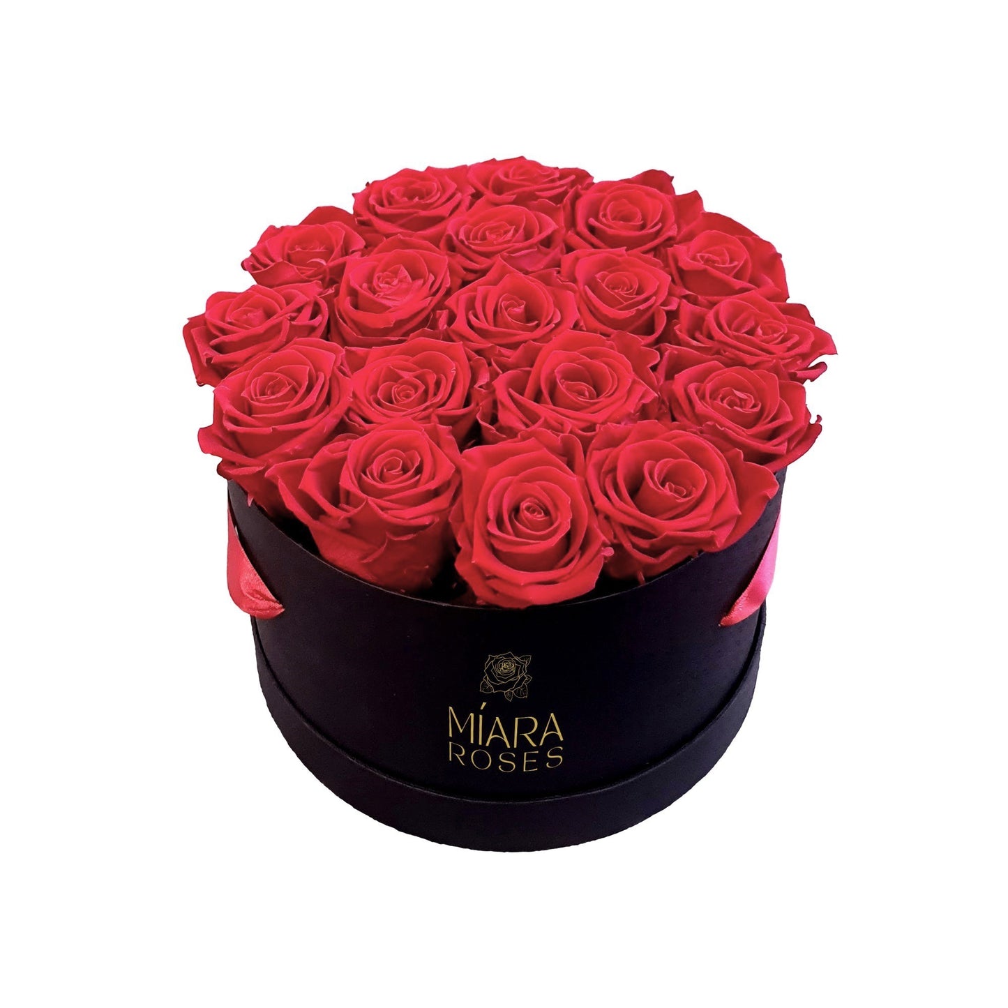 Round Black Box with 18 Natural Stabilized Roses